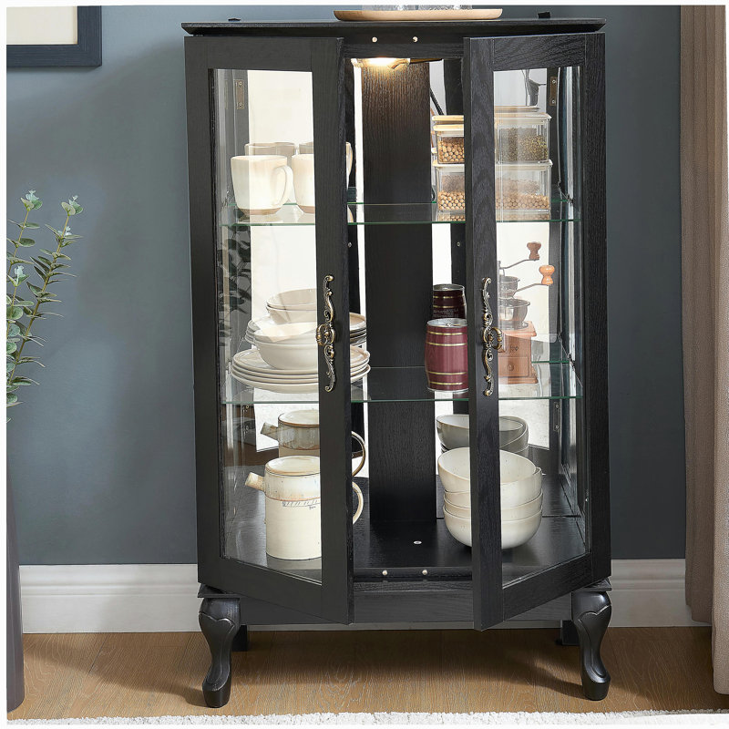 Vitrine avec portes en verre trempé, vitrine éclairée avec panneau arrière en miroir et tablettes réglables parfaites pour la maison ou le bureau (ampoule incluse) - Noir