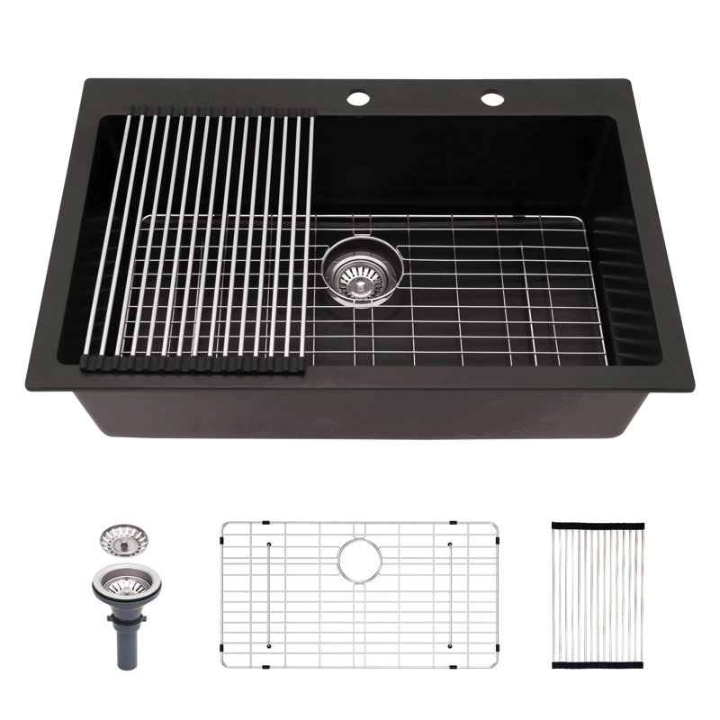 Quartz Kitchen Sink - 33X22" Black Granite Composite Drop In Kitchen Sink