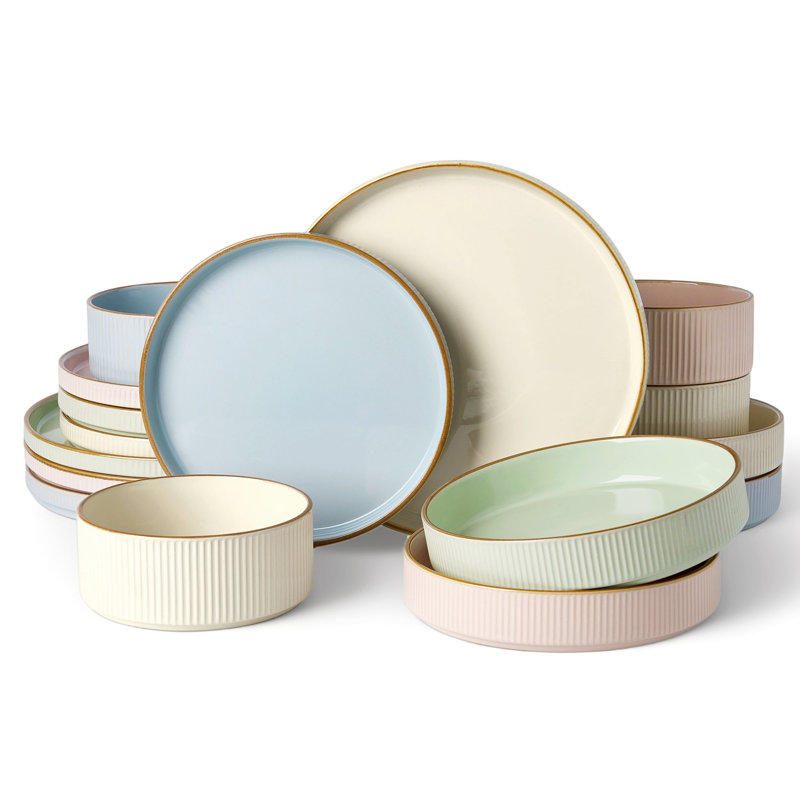 Azal Stoneware Dinnerware Sets, 16 Piece Dish Set, Multicolor