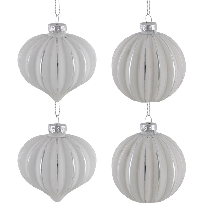 Striped Ball And Onion Glass Christmas Ornaments - 3" (80Mm) - White And Silver - 4Ct