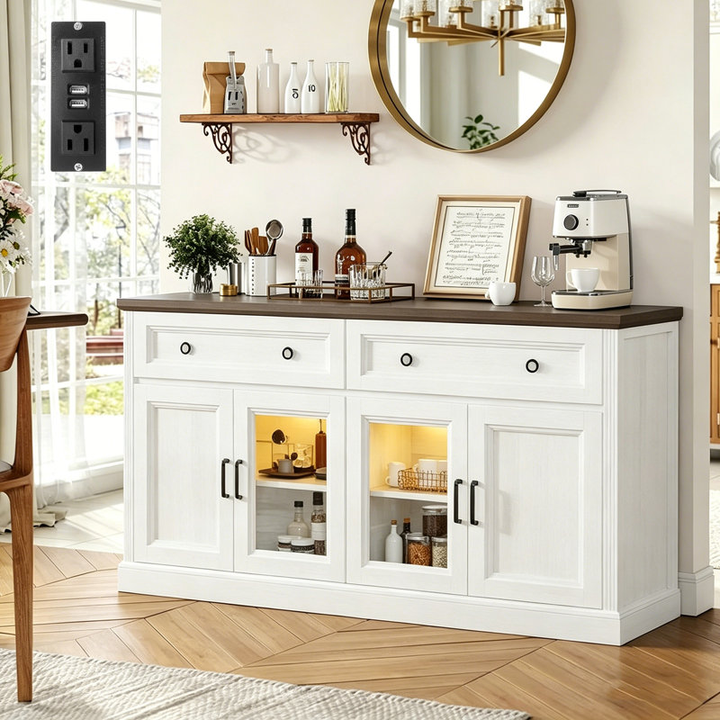 63"W Large Rustic Wood Sideboard Buffet Cabinet With2 Large Drawers & Transparent Doors, Farmhouse 4 Doors Kitchen Storage Cabinet With Charging Station And LED Light, TV Stand With Adjustable Shelves