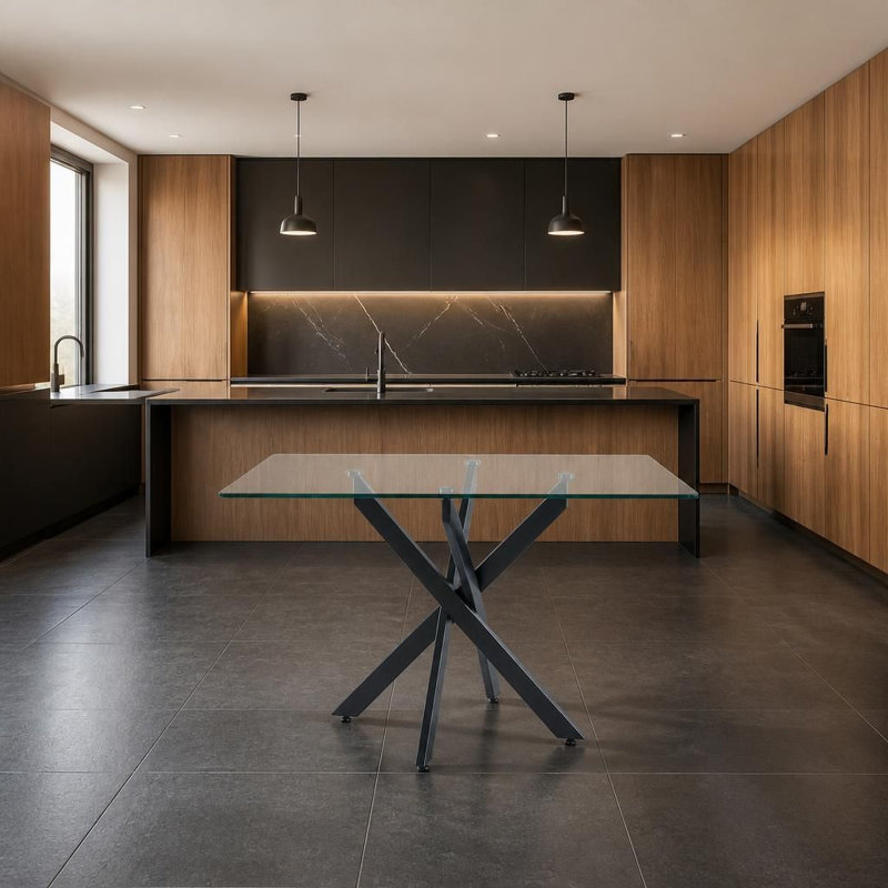 Modern Rectangular Tempered Glass Dining Table with Sturdy Metal Legs