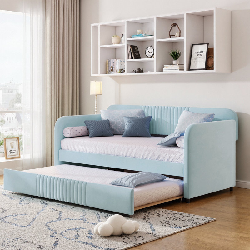 Light Blue Velvet Twin Daybed Sofa with Trundle & Wood Slats - Underbed Storage, Space-Saving Sleeper, Light Blue