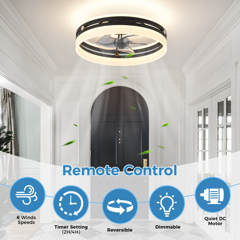 19.7" Low Profile Matte Black Dimmable LED Ceiling Fan Light with Remote Control for Dinning Room and Bedroom, Black