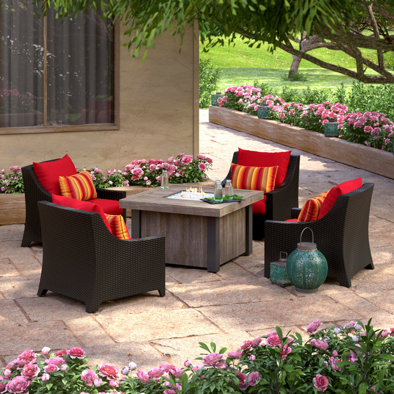Fionnula 5 Piece Wicker Multiple Chairs Seating Group With Sunbrella Cushion Covers, Canvas Jockey Red Sunbrella® Canvas