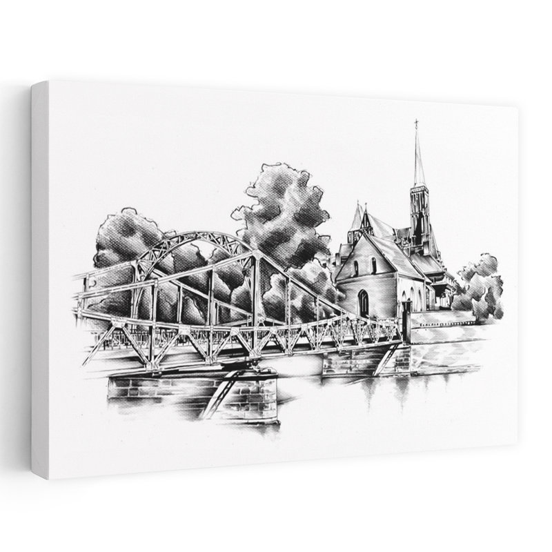 Pont et église historiques, architecture gothique sereine et tranquille, affiche murale de la ville, H 12 po x l 18 po