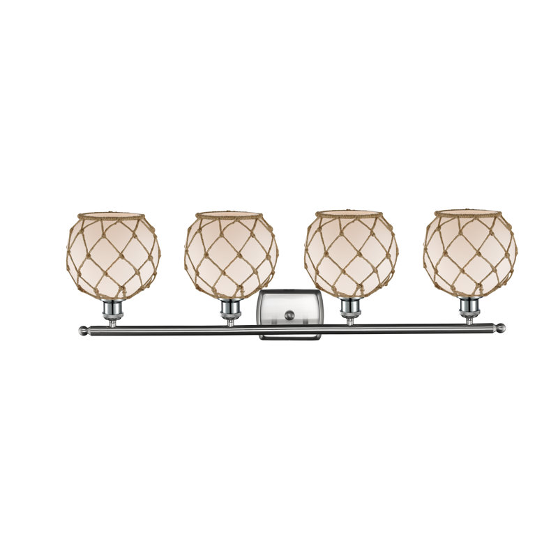 Éclairage de salle de bain à intensité variable 4 lumières Larochelle Farmhouse Rope, Blanc / Brun, Nickel satiné brossé