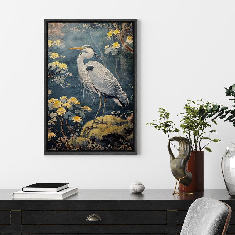 «Blue Heron in Lotus Garden», reproduction d'art sur toile encadrée d'inspiration orientale pour une salle de bain zen tranquille ou un décor d'étude serein
