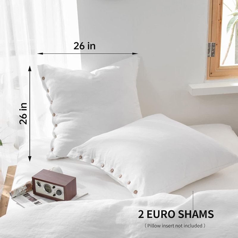 100% Washed Linen Euro Sham Cover, 26 X 26 Inch-Set Of 2, White