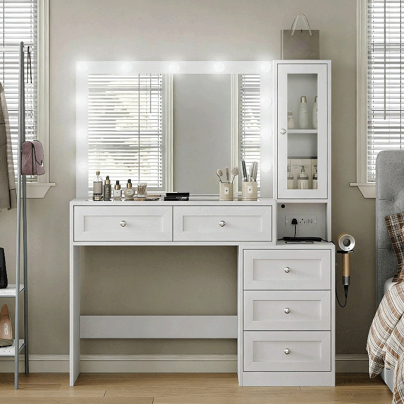 Meuble-lavabo 43 po avec miroir et 11 lumières, bureau de maquillage moderne à 5 tiroirs avec plateau en verre, 3 modes d'éclairage réglables, prise de courant, chambre à coucher