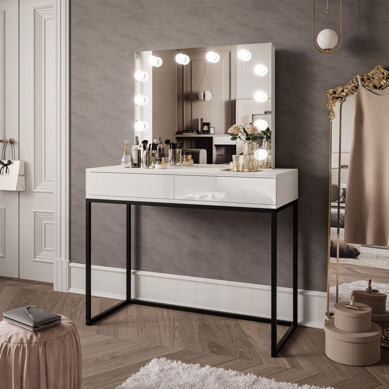 Anashima Dressing Table with Mirror, Black and white high gloss