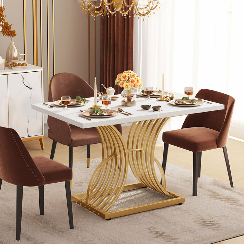 Haman Rectangular Metal Base Dining Table, White/Gold