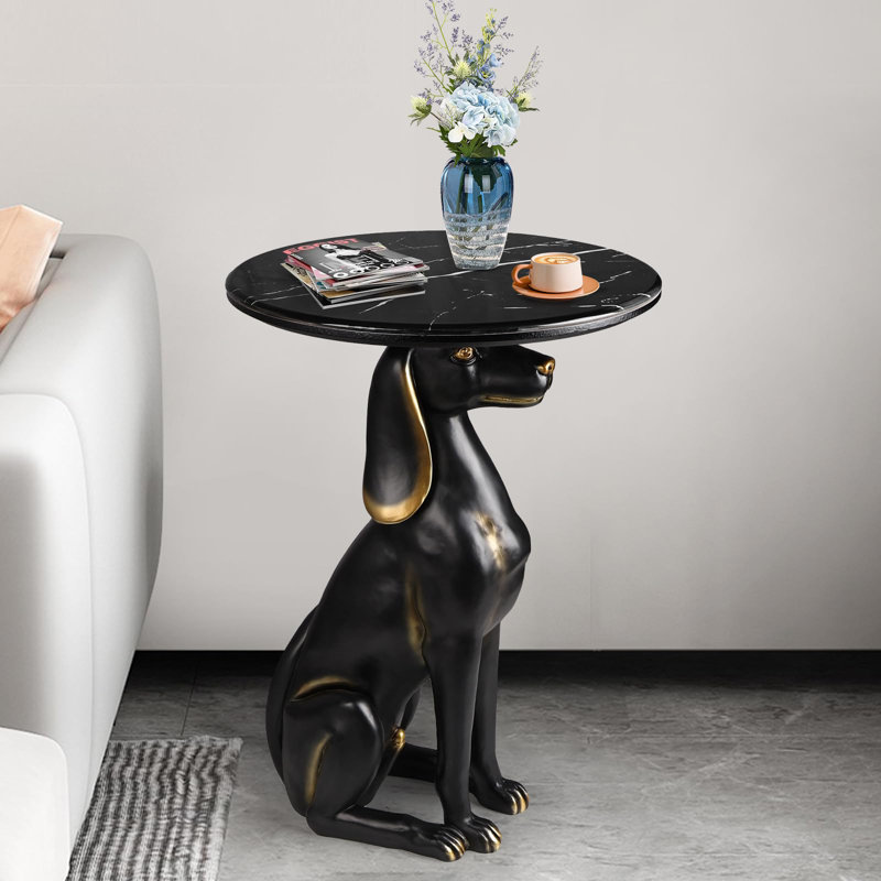 Unique End Tables Office - Pedestal Table with Round Faux Marble Top Black Artistict Labrador Retriever Statue Base NightStand Bedside Simple Table
