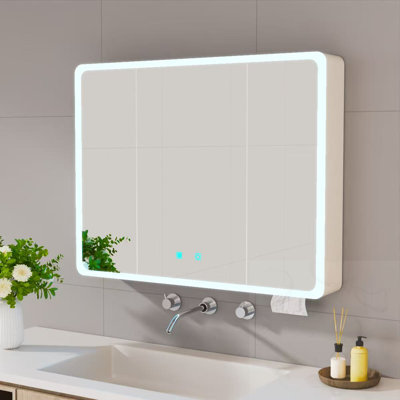 Armoire de salle de bain à miroir DEL avec 3 portes, crochets et poches de rangement