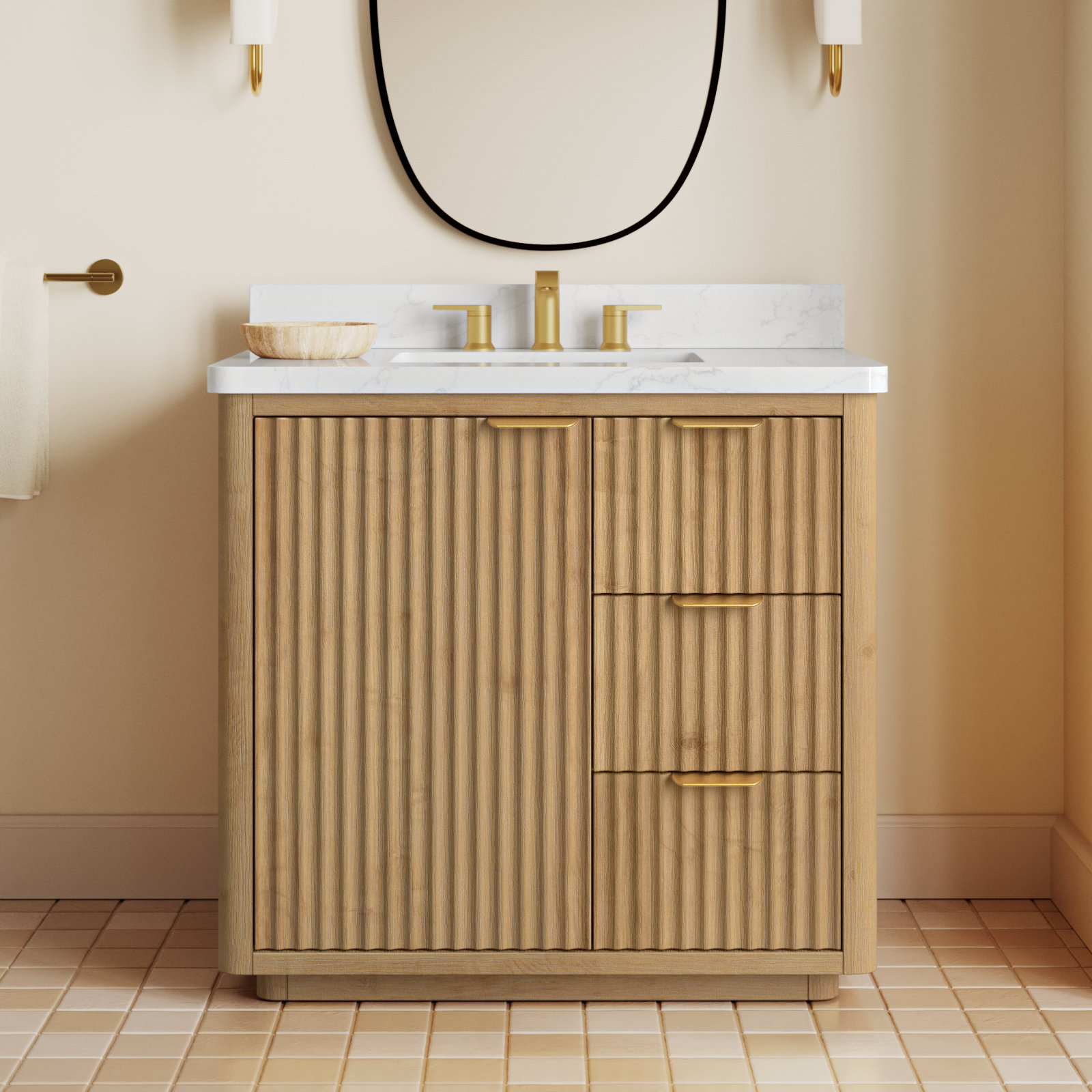 Adela 36'' Single Bathroom Vanity, White, Gold, Brown