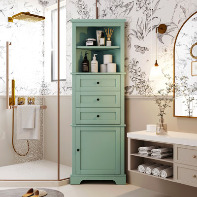 Green Triangle Tall Cabinet With 3 Drawers And Adjustable Shelves For Bathroom, Kitchen Or Living Room, MDF Board With Painted Finish