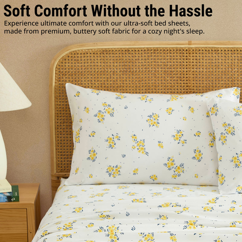 HLC.ME Blue & Yellow Floral Bed Sheets - Wrinkle Resistant & Ultra Soft - Fits Mattresses up to 15 Inches Deep (Blue)