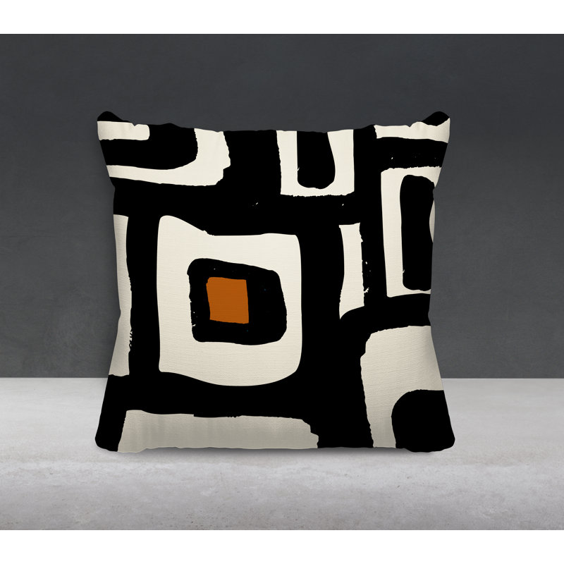 Coussin intérieur / extérieur en polyester filé Banksy, 15 po x 15 po, Orange, blanc cassé