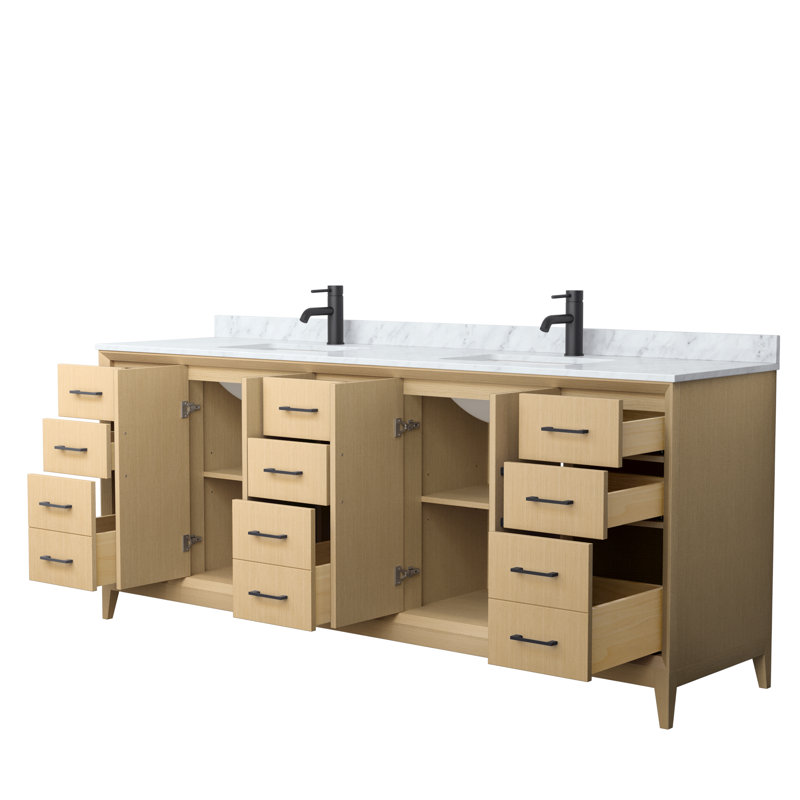 Meuble-lavabo double autoportant de 84 po avec plateau en marbre Janna, Noir mat