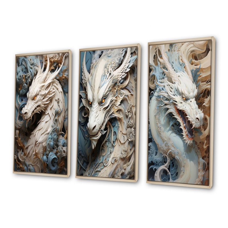 «Epic Blue and Gray Dragon Odyssey - Dragons», ensemble de 4 reproductions d'art sur toile, Cadre flottant brun