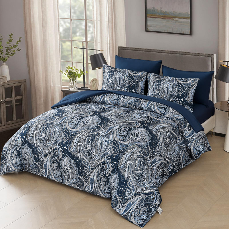 Ensemble de literie 7 pièces Boho Paisley, Marine cachemire, Édredon de très grande taille et 6 pièces suppl