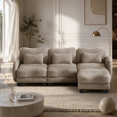 Canapé en L Chenille avec 1 repose-pieds mobile, canapé modulaire surdimensionné à 3 places avec 3 coussins de taille exquise, conception ergonomique, canapé modulaire facile à assembler pour le bureau du salon, café