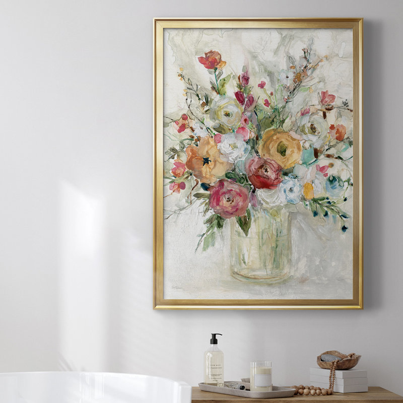 Toile contemporaine encadrée de qualité supérieure avec bouquet contemporain, Or, H 24,5 po x l 18,5 po