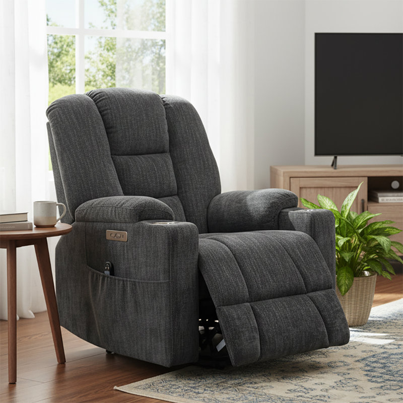 Power Chenille Upholstered Recliner Chair with Lift Base and Massage Heating Function, Dark Gray