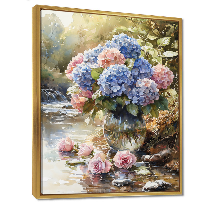Chapman, Hortensias et roses au bord de la rivière - hydrangées, art mural, H 32 po x l 16 po, Doré