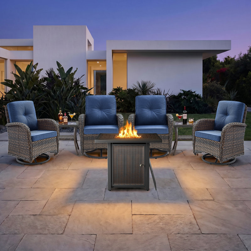 Braxleigh 7-Pieces Outdoor PE Wicker Swivel Glide Chairs & Fire Pit Table Conversation Set With Cushions, Blue