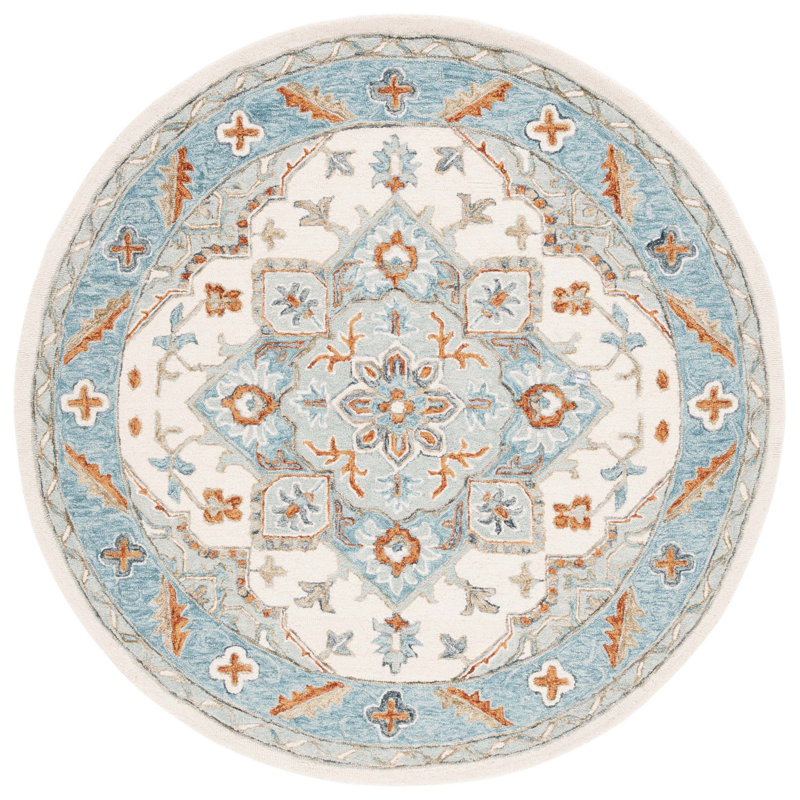 Eduvina Hand Tufted Wool/Cotton/Latex Oriental Rug in Orange/Gray/Blue, Round 6'