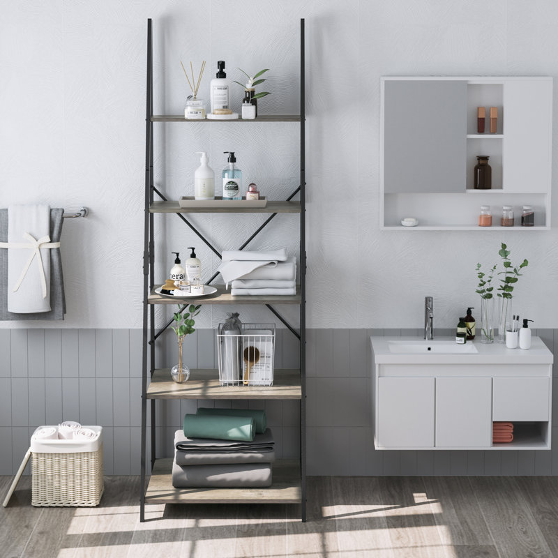 Roselyn 180.5 cm H x 60 cm W Iron Ladder Bookcase, Black/Grey