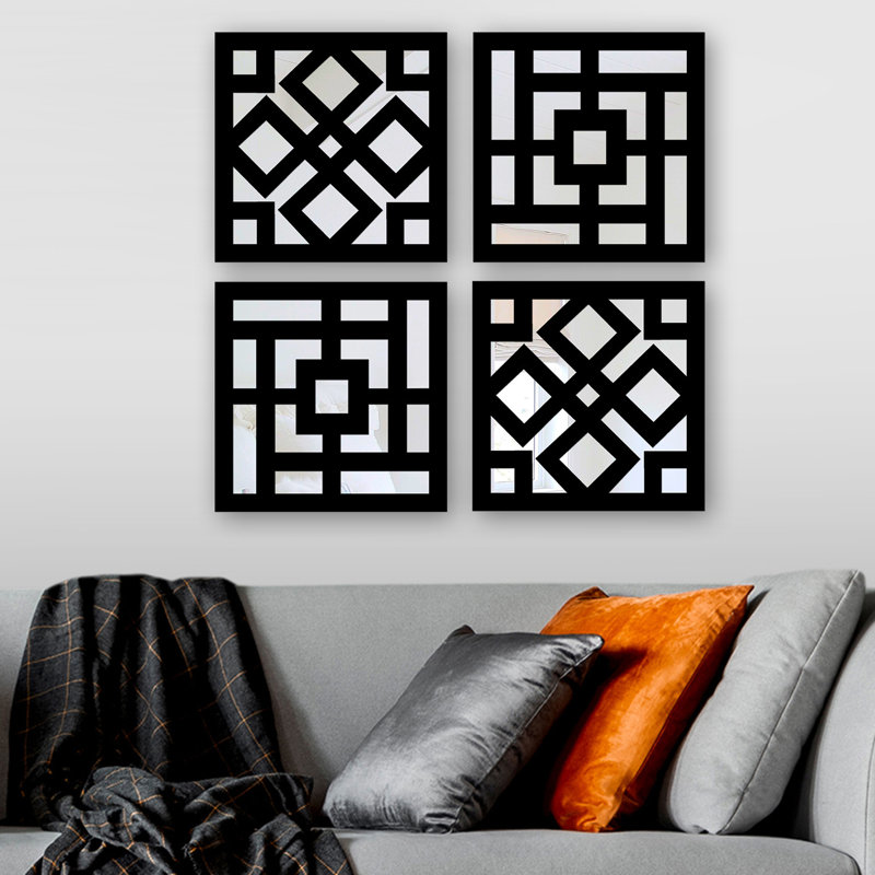 Ensemble de miroir élégant (4 pièces) 7,9 po x 7,9 po | 100% verre avec motif de fibres à densité moyenne de 0,12 pouce découpé au laser | Conception facile à suspendre au mur | Parfait pour la décoration intérieure, le salon et la chambre à coucher