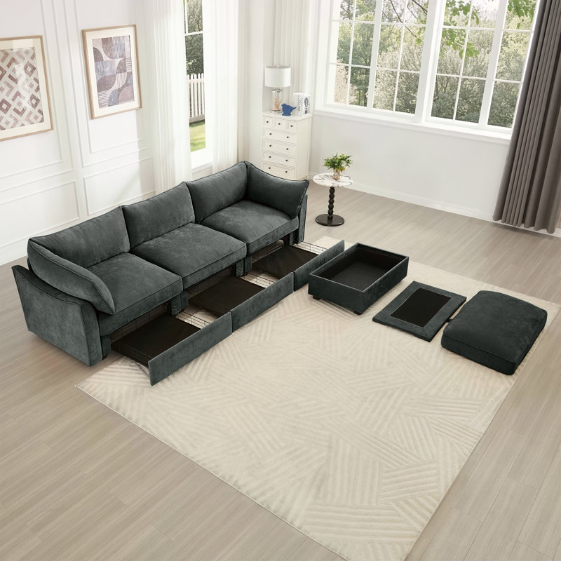 Canapé modulaire en L à 3 places, canapé 3 places avec 1 repose-pieds mobile, assise en T, confortable, large et profond, Chenille Gary