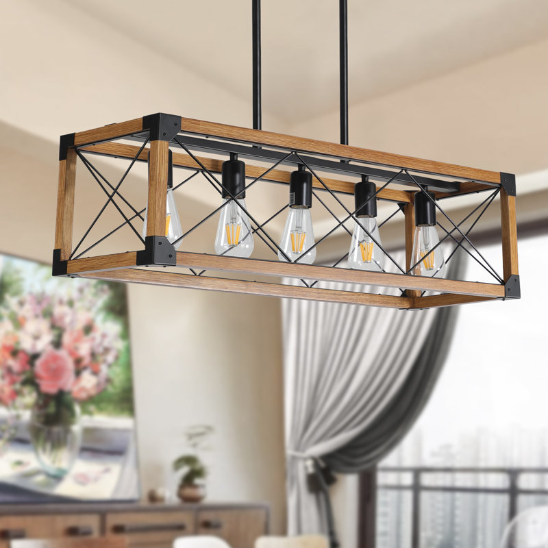 Luminaire suspendu pour îlot de cuisine 5 lumières, Noyer