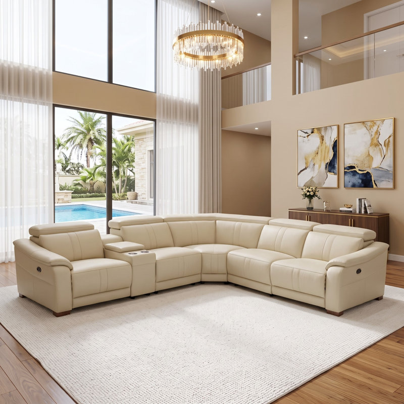Canapé modulaire en cuir avec siège inclinable, appui-tête réglable et console de rangement avec porte-gobelets