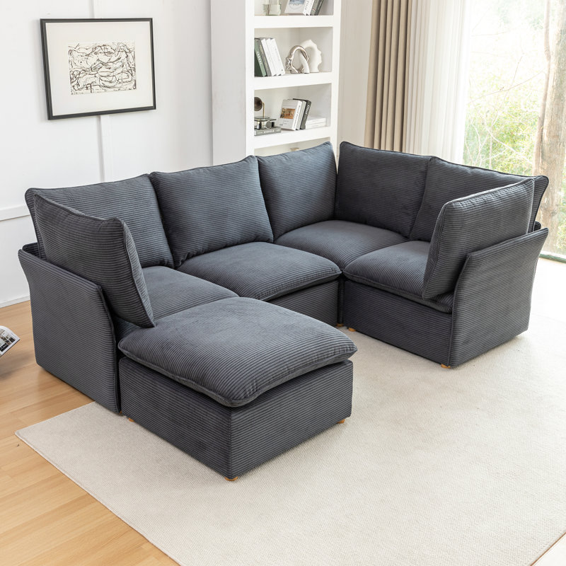 Hepworth Dejohn Corduroy Sectional Sofa With Solid Wood Legs, Gray Corduroy, 36" H x 95.5" W x 62.5" D