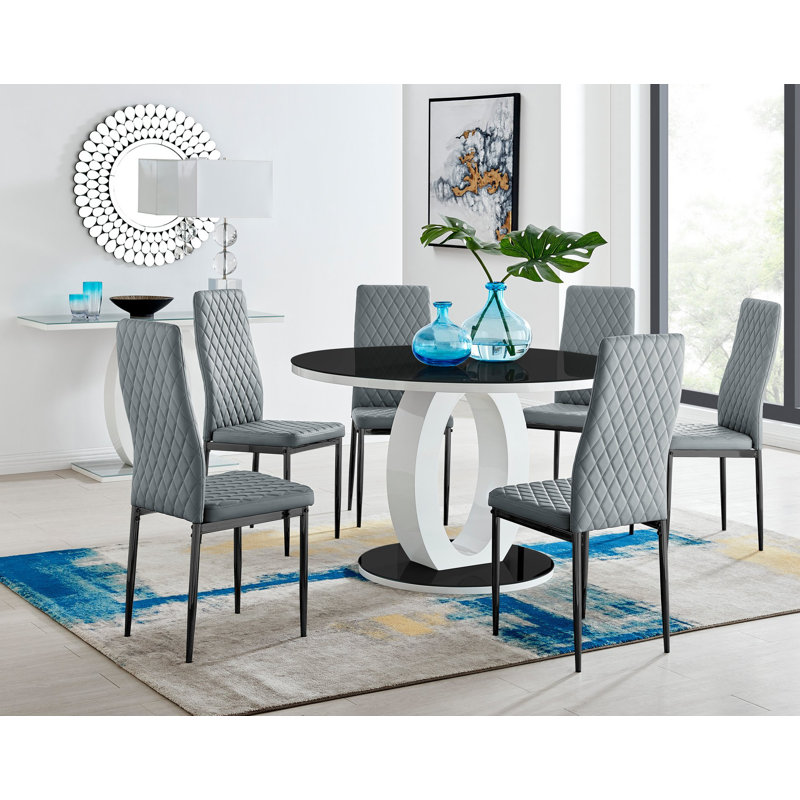 Scottsmoor 6 Seater High Gloss Round Dining Table Set with 6 Luxury Faux Leather Dining Chairs, Black, Cappuccino/Gold
