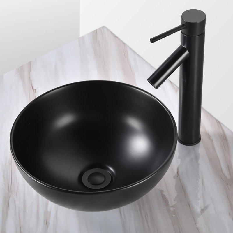 Aquaterior Porcelain Bathroom Vessel Sink 12" Round Vanity Bowl Basin with Pop up Drain Above Counter Countertop RV Black Modern