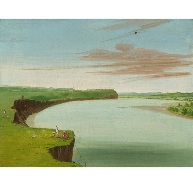«Distant View of the Mandan Village» par George Catlin - Art mural sur toile tendue avec châssis, H 18 po x l 14 po
