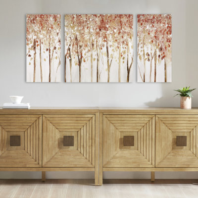 Art mural texturé - image de forêt d'automne, pièce décorative pour la maison, peinte à la main texturée, 27 po x 27 po et 13,5 po x 27 po, lanterne rouge, toile, 3 pièces gel, élément de décoration, suspension, scintillement,