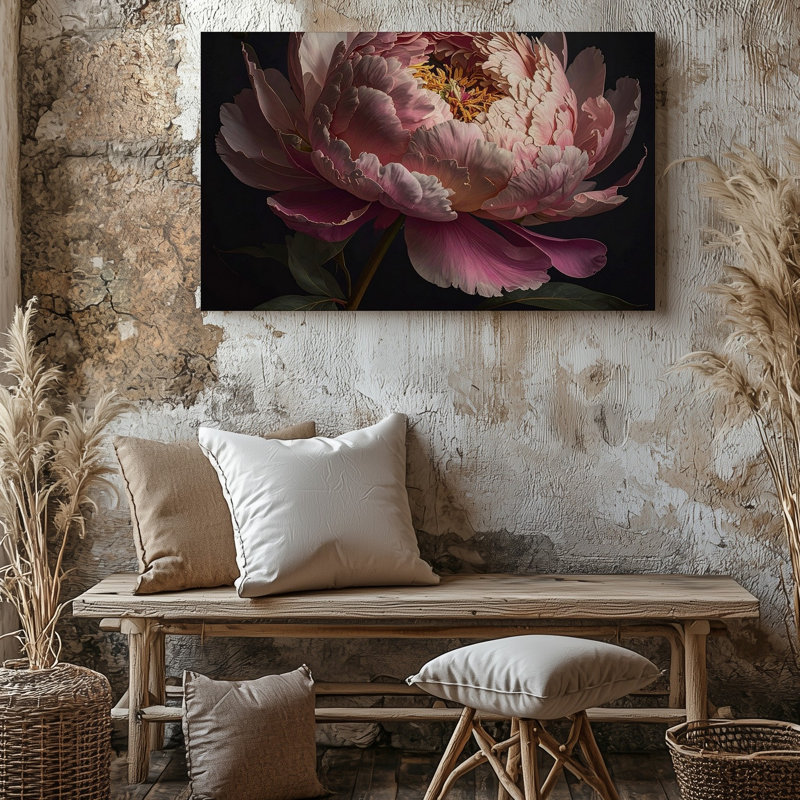 Art mural pivoine rose dans l'obscurité, H 11 po x l 14 po