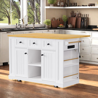 53inch Large Kitchen Island with Drop Leaf, Power Outlet, Door Storage, Rolling Kitchen Cart