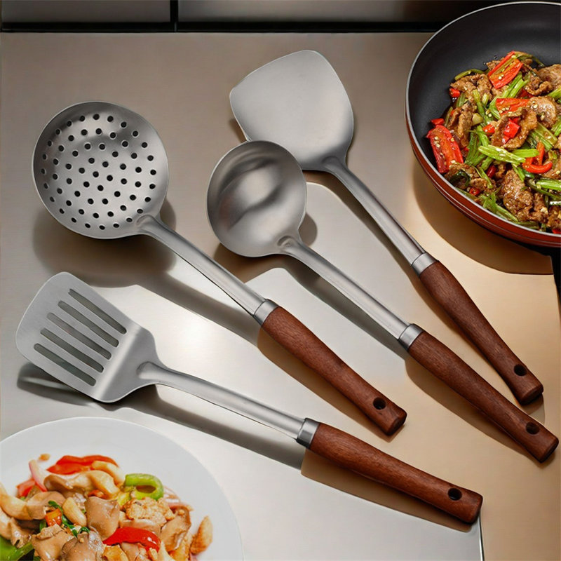 4Pcs 304 Stainless Steel Wooden Utensil Set - Kitchen Spatulas, Spoons And Ladle For Non-Stick Cookware