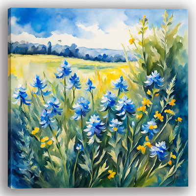 Blue Wildflowers in a Sunny Meadow Wrapped Canvas Wall Art