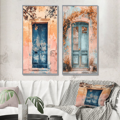 Porte bleue parisienne bleue en pastel rose I - ensemble d'art mural 2 pièces City Paris