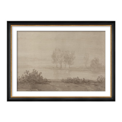 "Misty Landscape River Serene Trees In Fog Illustration Impressionism", art mural encadré