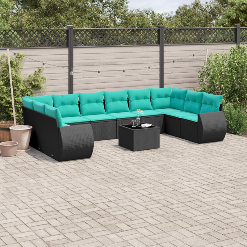 Ensemble de canapé de patio 11 pièces avec coussins en rotin de polyester, Bleu, Noir