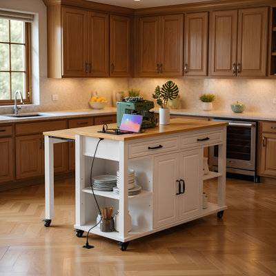 47" Rolling Kitchen Island With Extendable Dining Table, Rubber Wood Veneer Countertop, Built-In Power Outlet, Internal Storage Racks, 2 Drawers & 2 Cabinets