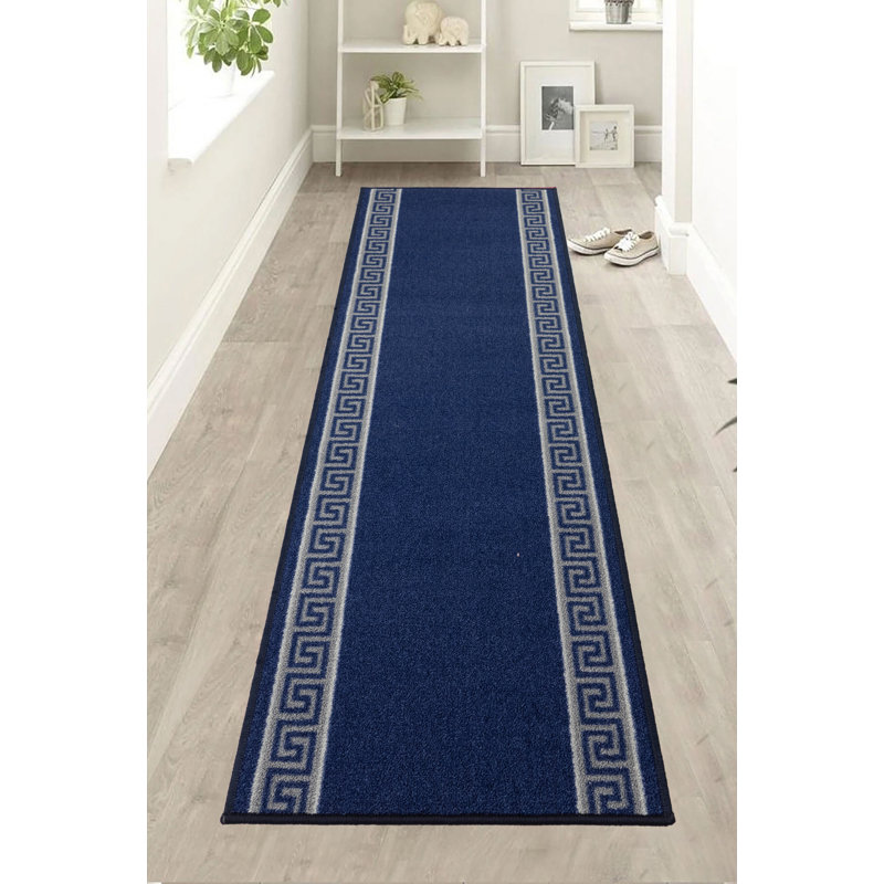 Custom Size Anti Slip Low Profile Loop Pile Meander Greek Key Navy Design Runner Rug Carpet, Runner 1'10" x 40'